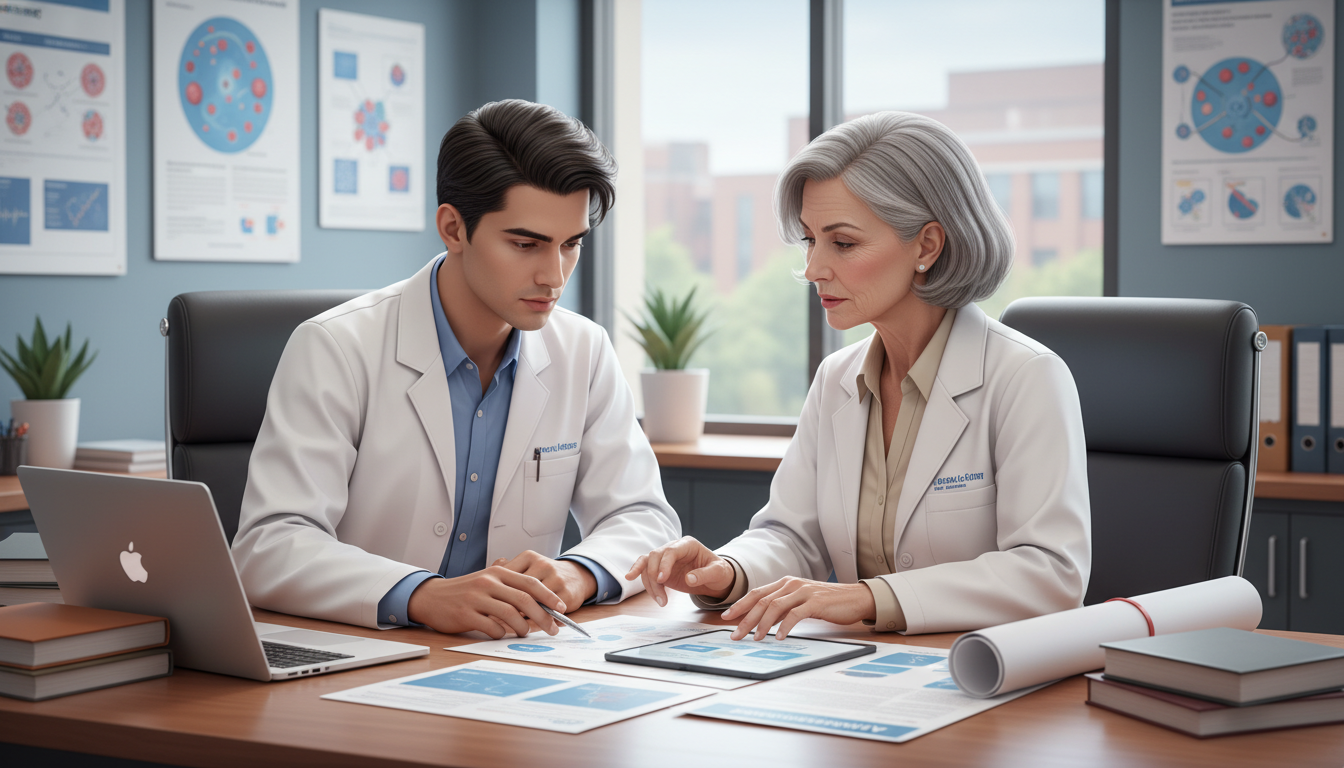 Residency applicant discussing medical genetics research with mentor Residency applicant discussing medical genetics research with mentor - non-US citizen IMG for Low Step Score Strategies for N