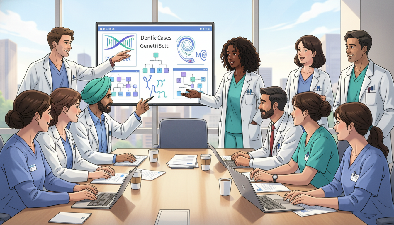 Medical genetics residents and faculty discussing cases in conference room Medical genetics residents and faculty discussing cases in conference room - non-US citizen IMG for How to Research Programs