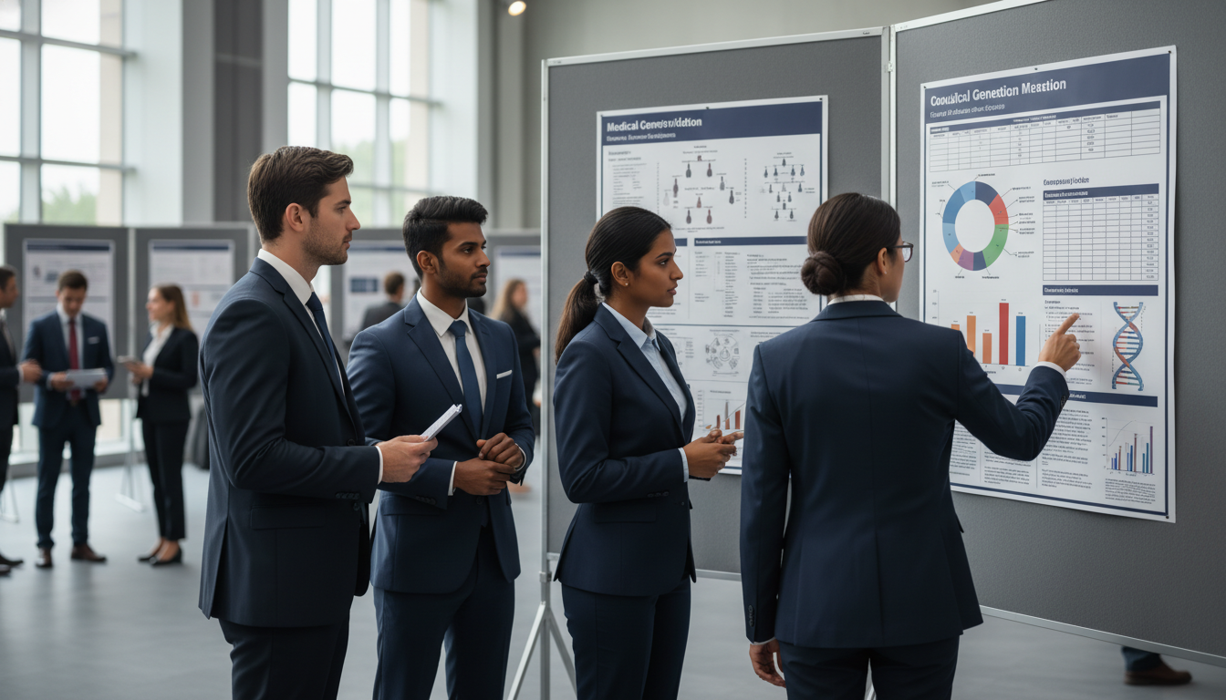 Medical genetics residents presenting research posters at a conference Medical genetics residents presenting research posters at a conference - non-US citizen IMG for Research During Residency for