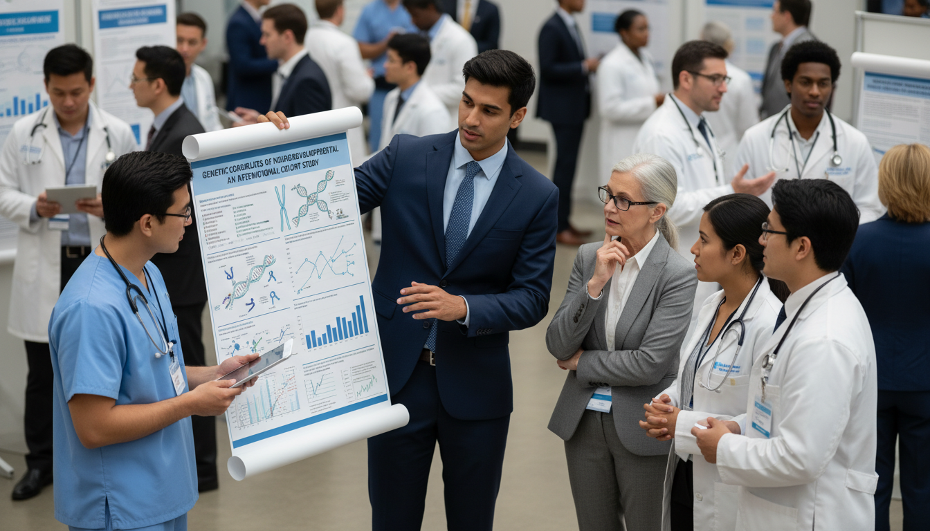 Non-US citizen IMG presenting genetics research poster at a conference Non-US citizen IMG presenting genetics research poster at a conference - non-US citizen IMG for Research Profile Building for