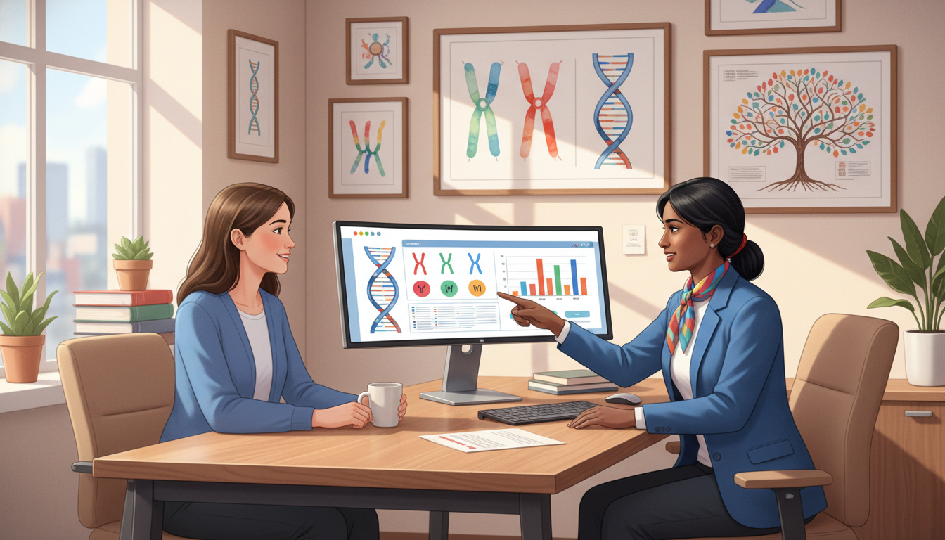 Medical genetics resident in outpatient clinic with patient and counselor Medical genetics resident in outpatient clinic with patient and counselor - non-US citizen IMG for Work-Life Balance Assessme