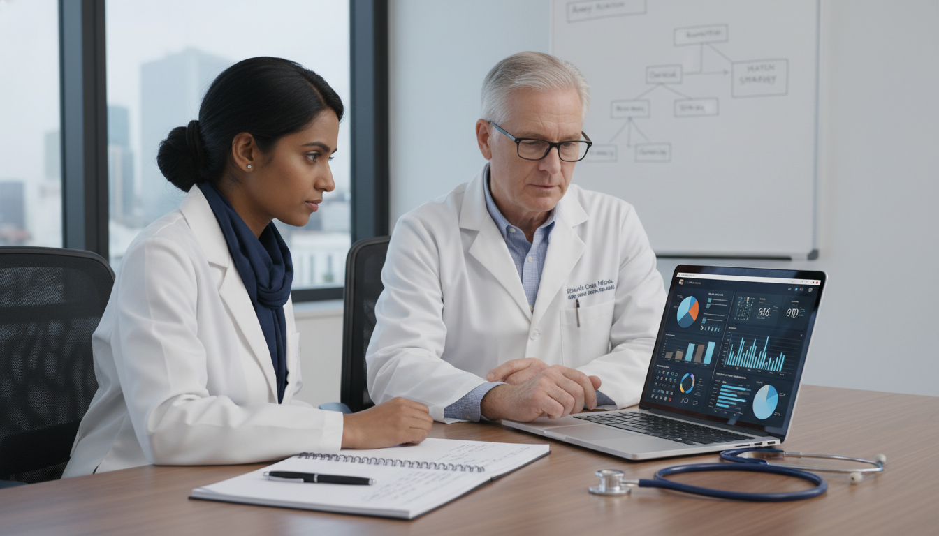 International medical graduate discussing EHR data and clinical workflows with a mentor International medical graduate discussing EHR data and clinical workflows with a mentor - non-US citizen IMG for Away Rotatio