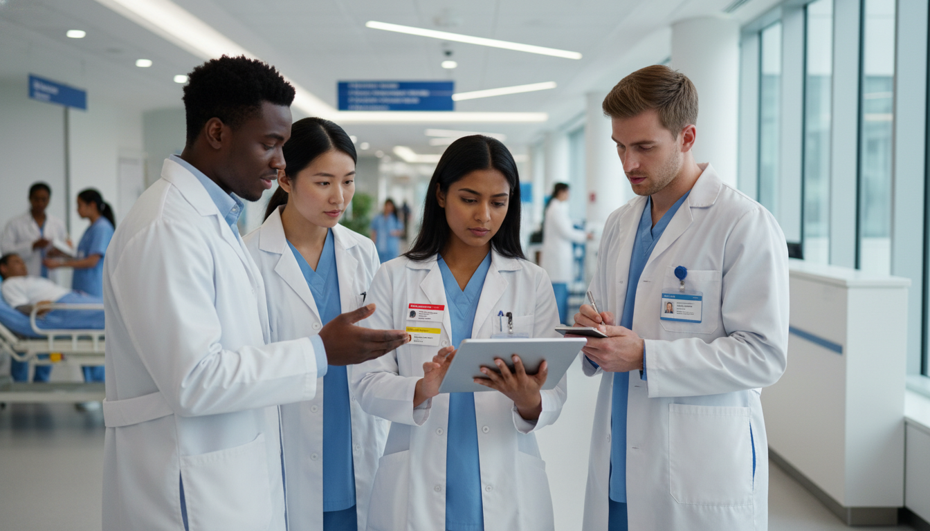 Physician resident using electronic health record system during rounds Physician resident using electronic health record system during rounds - non-US citizen IMG for H-1B Sponsorship Programs for