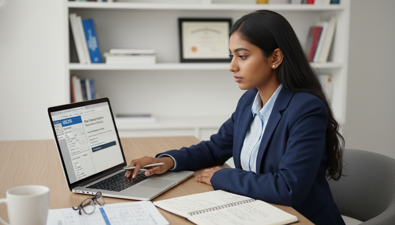 Resident physician reviewing H-1B visa sponsorship details on laptop Resident physician reviewing H-1B visa sponsorship details on laptop - non-US citizen IMG for H-1B Sponsorship Programs for N