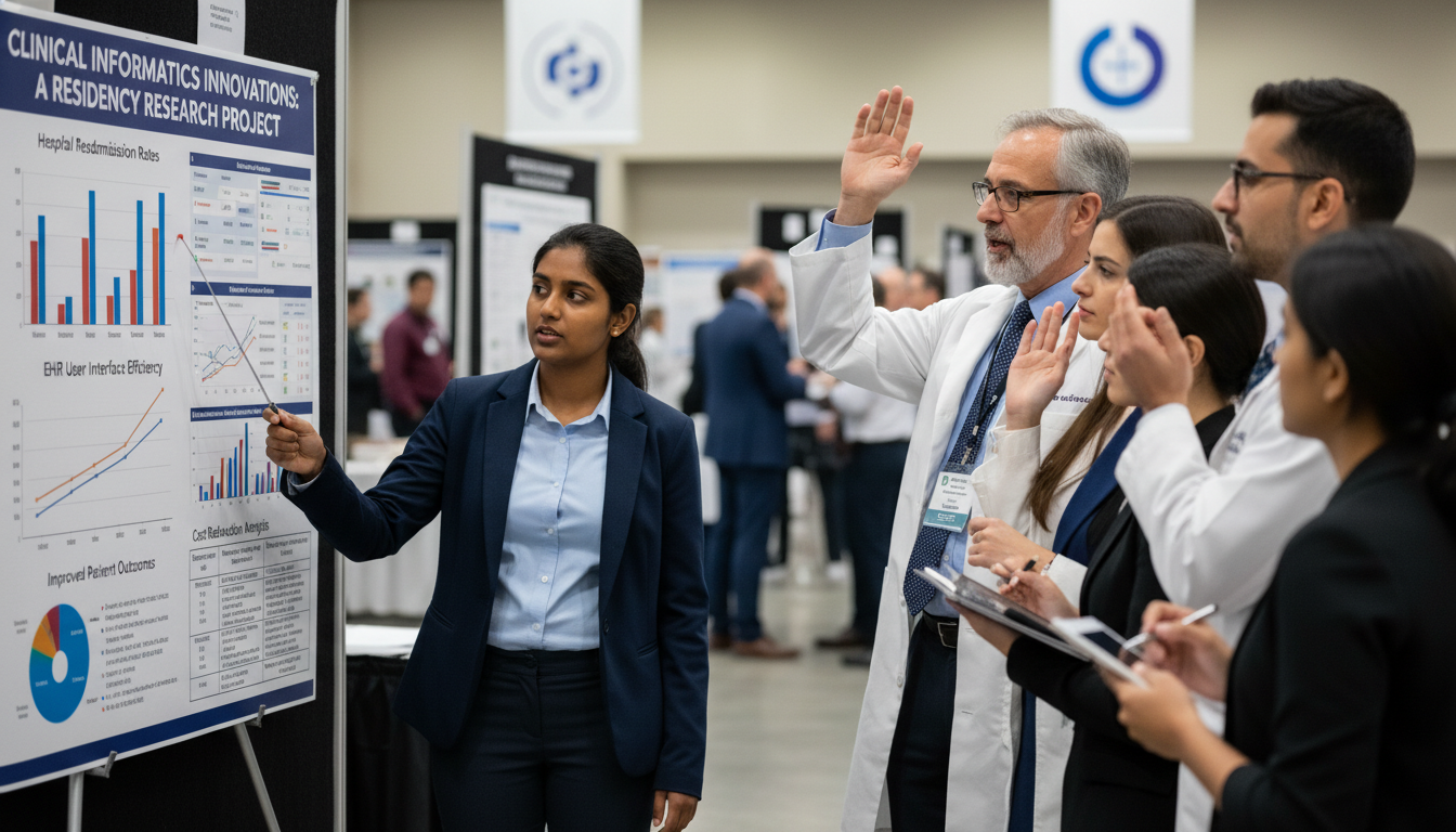 Resident presenting clinical informatics research poster at academic conference Resident presenting clinical informatics research poster at academic conference - non-US citizen IMG for Research During Resi