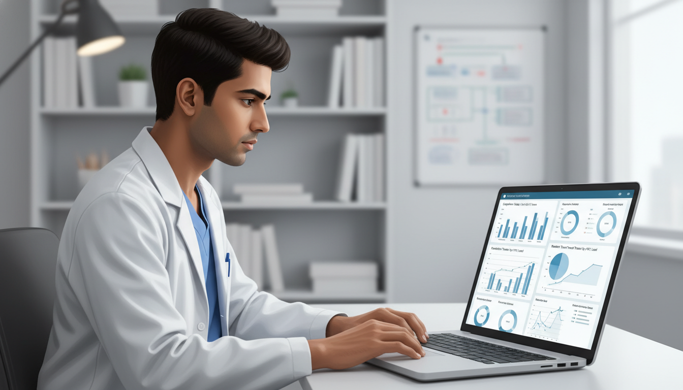 Clinical informatics resident reviewing a digital dashboard with program metrics and resident outcomes Clinical informatics resident reviewing a digital dashboard with program metrics and resident outcomes - non-US citizen IMG f