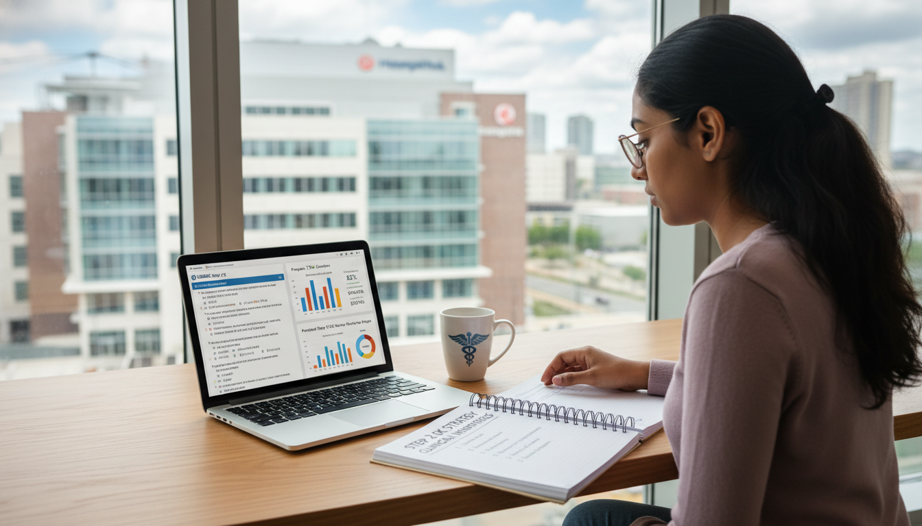 International medical graduate studying USMLE with data dashboard in background - non-US citizen IMG for Step Score Strategy