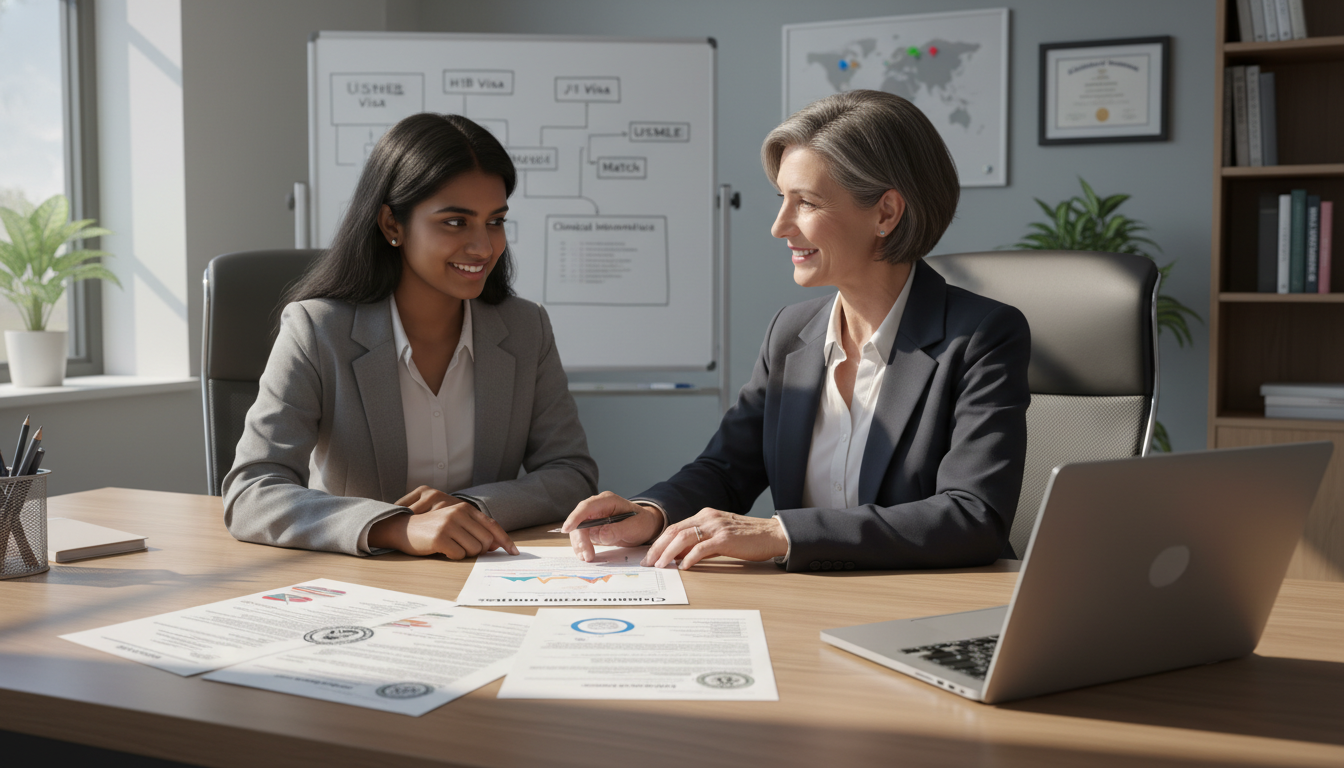 International medical graduate discussing residency visa options with an advisor in a hospital office - non-US citizen IMG fo