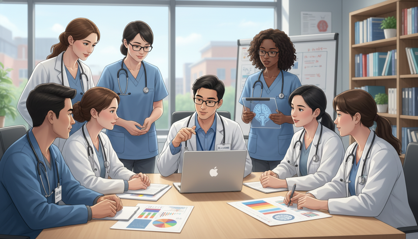 International neurology research team discussing data International neurology research team discussing data - non-US citizen IMG for CV Building for Non-US Citizen IMG in Neurolog