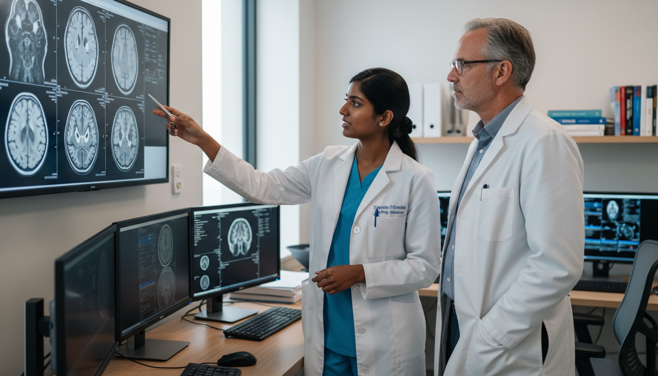 Neurology resident discussing a brain MRI with a mentor - non-US citizen IMG for Networking in Medicine for Non-US Citizen IM
