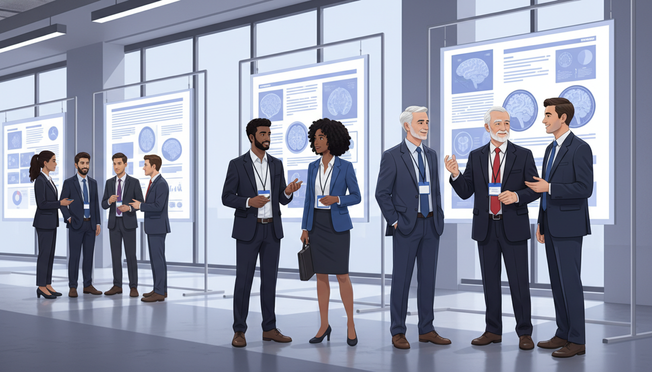 Neurology residents and faculty networking at a medical conference poster session - non-US citizen IMG for Networking in Medi