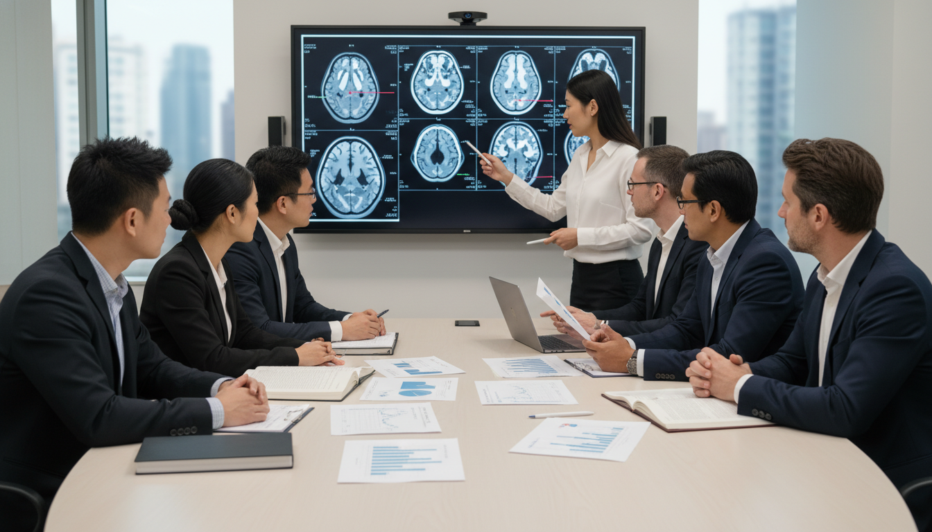 Neurology research team discussing clinical data and brain imaging Neurology research team discussing clinical data and brain imaging - non-US citizen IMG for Research Profile Building for Non