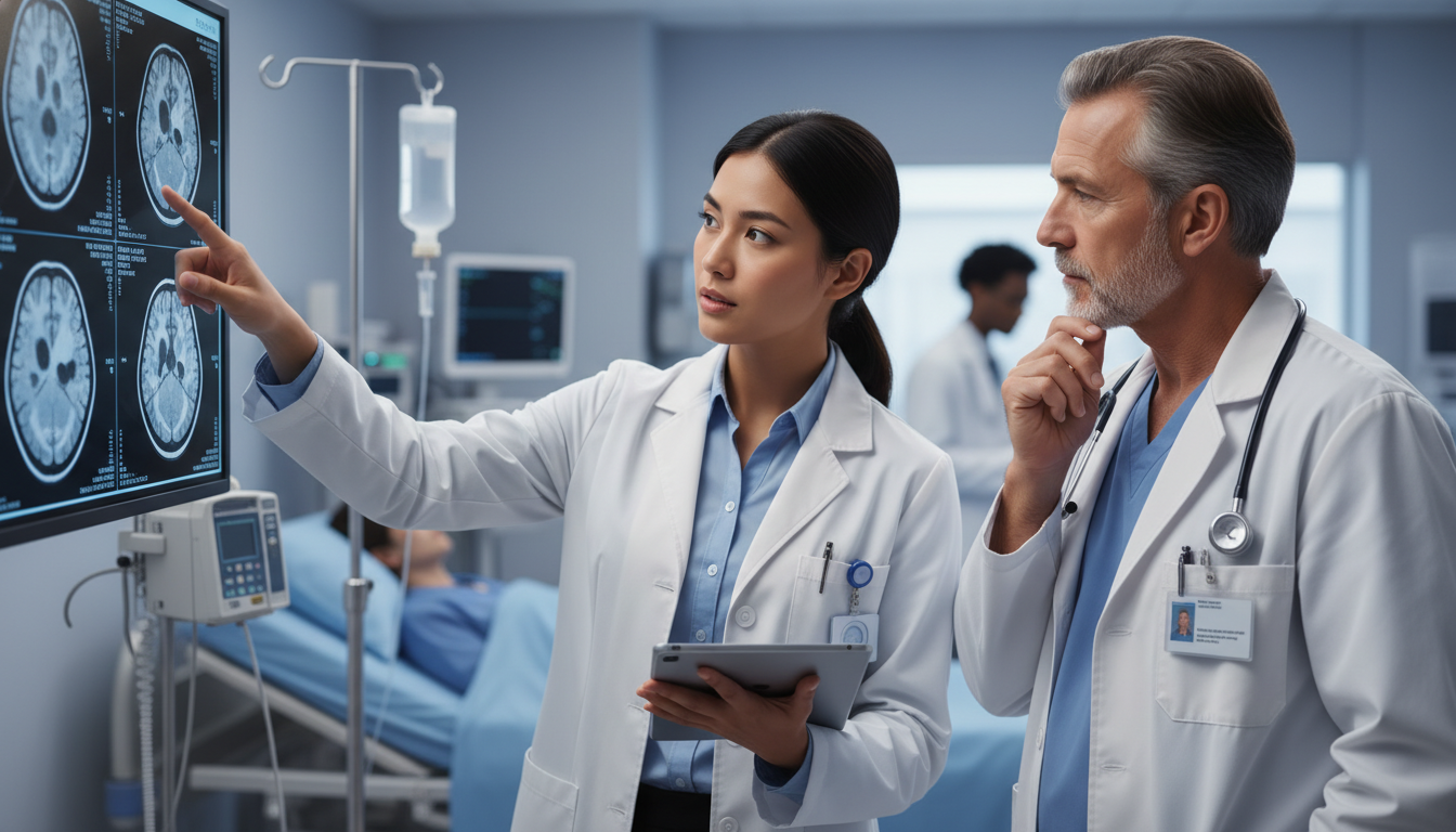 International graduate in neurology ward discussing patient case with US neurologist mentor - non-US citizen IMG for Step Sco