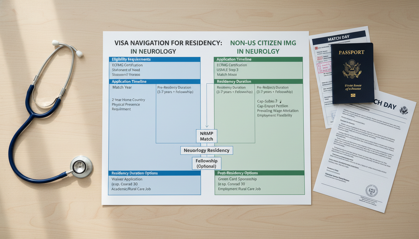 Flowchart of J-1 vs H-1B Visa Pathways for Neurology Residents - non-US citizen IMG for Visa Navigation for Residency for Non