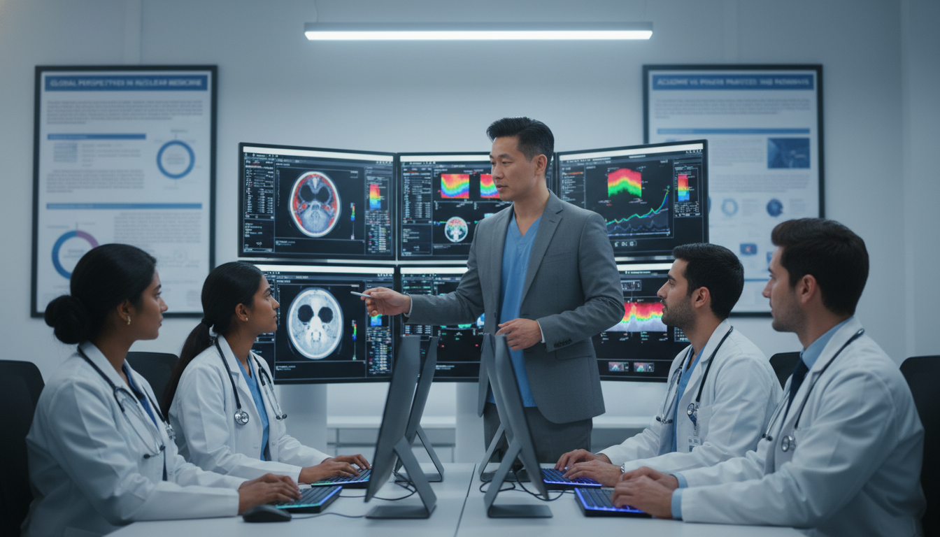 Academic Nuclear Medicine Physician Teaching Residents While Reviewing PET/CT Images - non-US citizen IMG for Academic vs Pri
