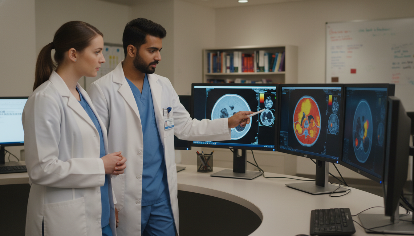 Nuclear medicine resident teaching an international medical graduate during a PET-CT readout Nuclear medicine resident teaching an international medical graduate during a PET-CT readout - non-US citizen IMG for Away Ro