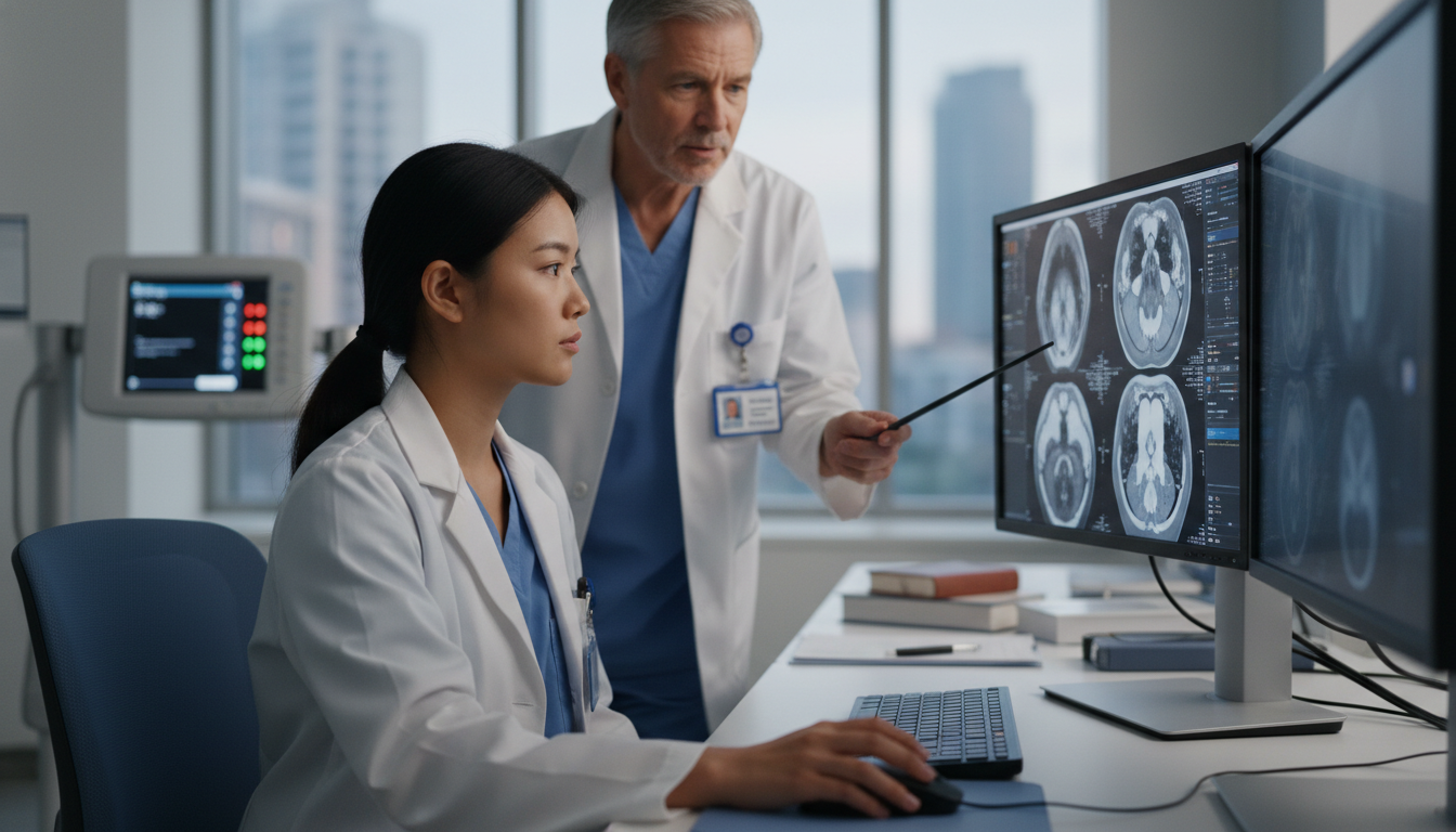 Nuclear medicine trainee reviewing PET CT images during clinical rotation Nuclear medicine trainee reviewing PET CT images during clinical rotation - non-US citizen IMG for CV Building for Non-US Cit