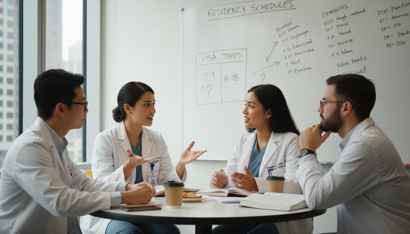 Non-US citizen IMG discussing visa and training concerns with nuclear medicine residents Non-US citizen IMG discussing visa and training concerns with nuclear medicine residents - non-US citizen IMG for Identifying