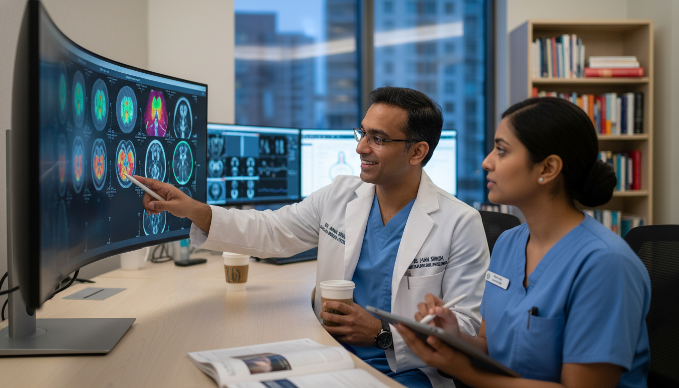 Resident and faculty mentoring discussion in a nuclear medicine reading room - non-US citizen IMG for Networking in Medicine