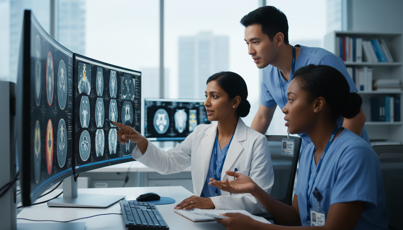 Nuclear medicine residents reviewing PET-CT images with attending physician Nuclear medicine residents reviewing PET-CT images with attending physician - non-US citizen IMG for Questions to Ask Program