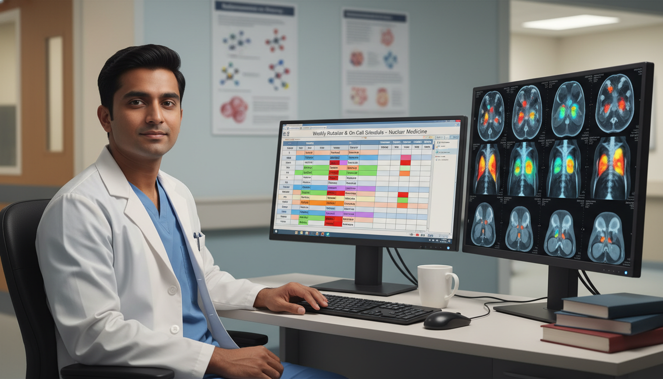 Nuclear medicine resident reviewing duty hours schedule Nuclear medicine resident reviewing duty hours schedule - non-US citizen IMG for Work-Life Balance Assessment for Non-US Citi