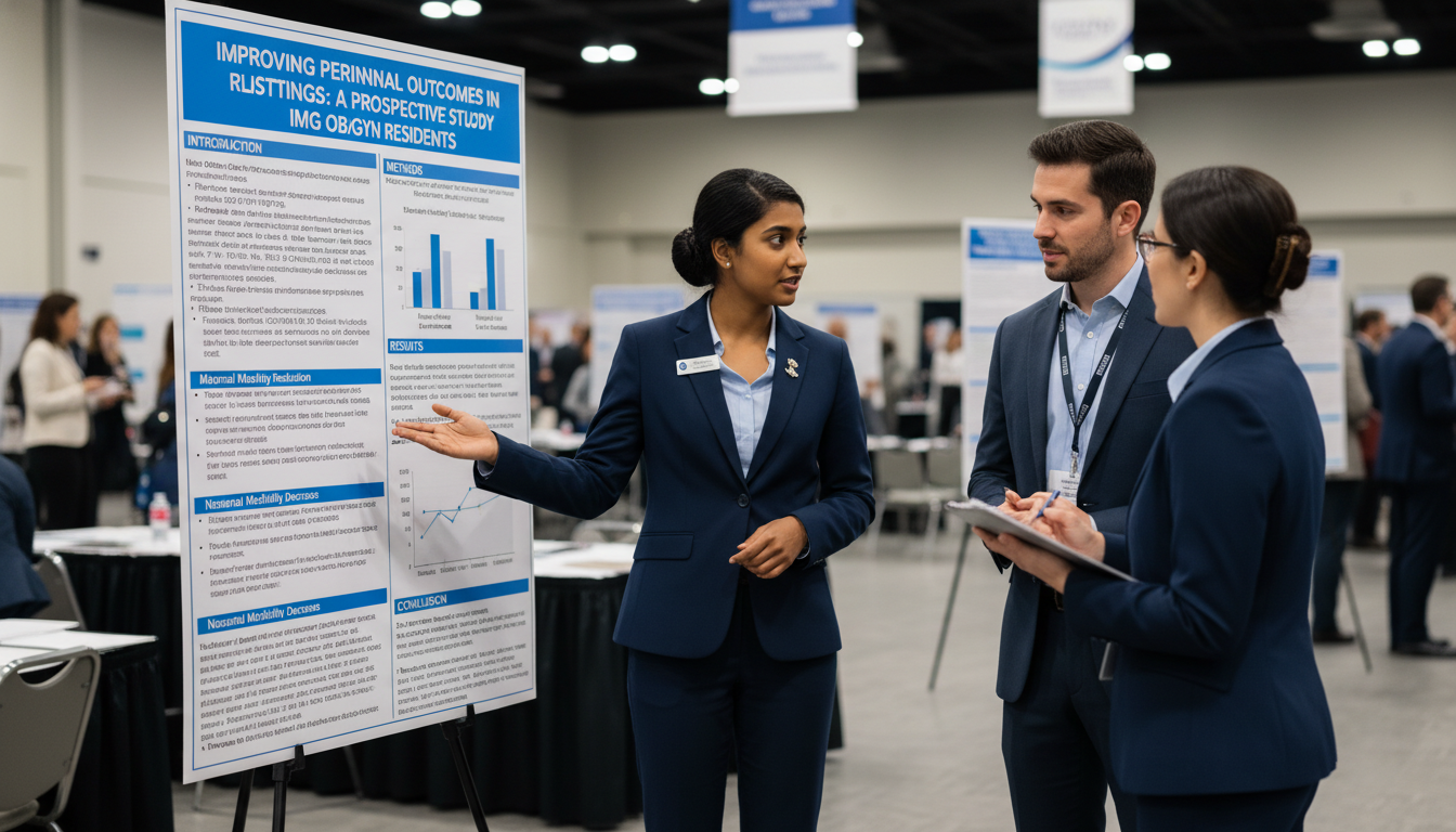 OB GYN resident presenting research poster at medical conference OB GYN resident presenting research poster at medical conference - non-US citizen IMG for Research During Residency for Non-U
