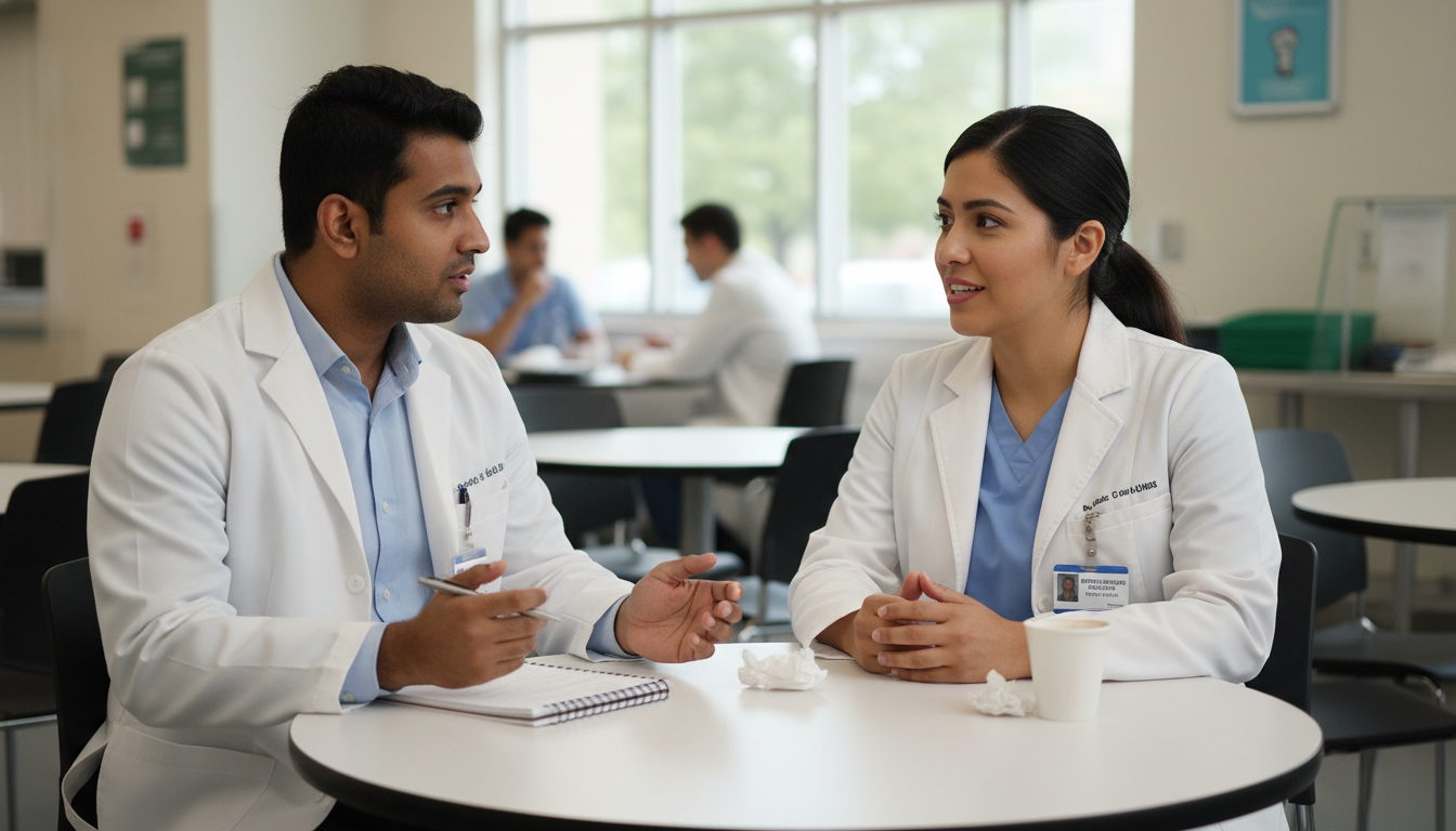 International medical graduate having a one-on-one conversation with an OB GYN resident about program culture International medical graduate having a one-on-one conversation with an OB GYN resident about program culture - non-US citize