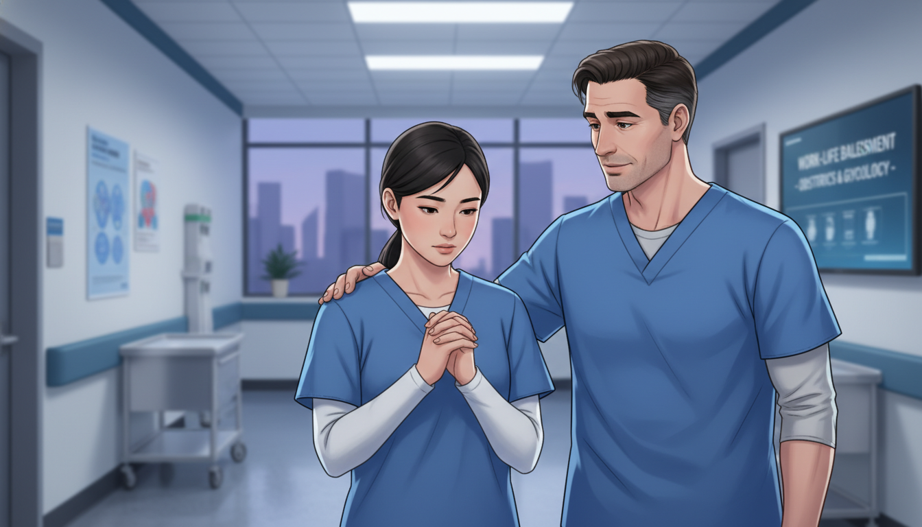 OB GYN resident debriefing with mentor after a busy shift OB GYN resident debriefing with mentor after a busy shift - non-US citizen IMG for Work-Life Balance Assessment for Non-US Ci