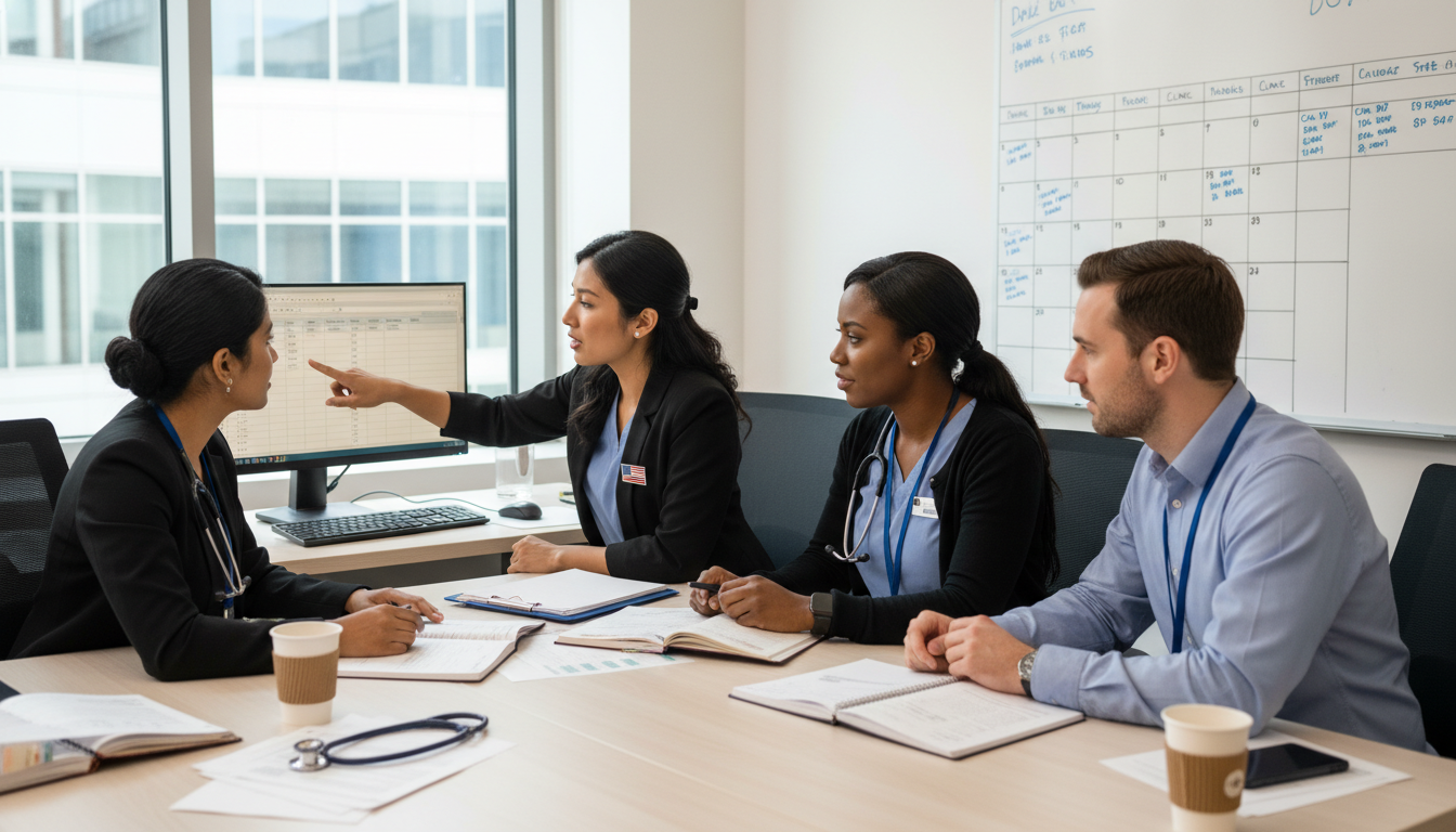 OB GYN residents reviewing duty hours and schedules on a computer OB GYN residents reviewing duty hours and schedules on a computer - non-US citizen IMG for Work-Life Balance Assessment for N