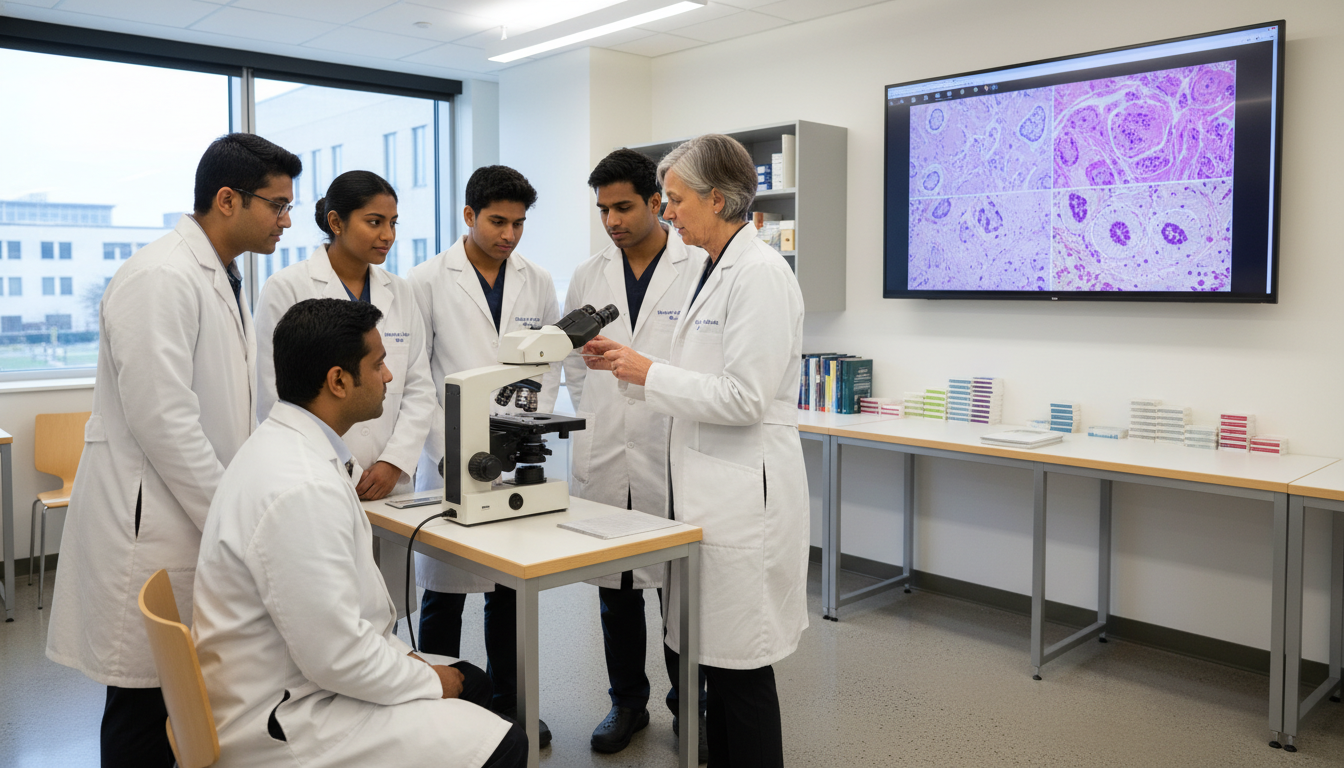Pathology faculty teaching residents around multi-head microscope Pathology faculty teaching residents around multi-head microscope - non-US citizen IMG for Academic vs Private Practice for N