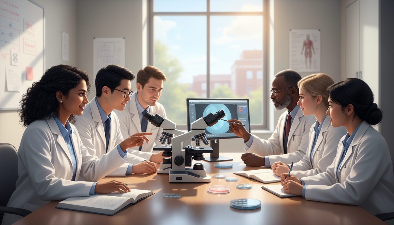 Pathology resident and IMG at a multiheaded microscope Pathology resident and IMG at a multiheaded microscope - non-US citizen IMG for Away Rotation Strategy for Non-US Citizen IMG