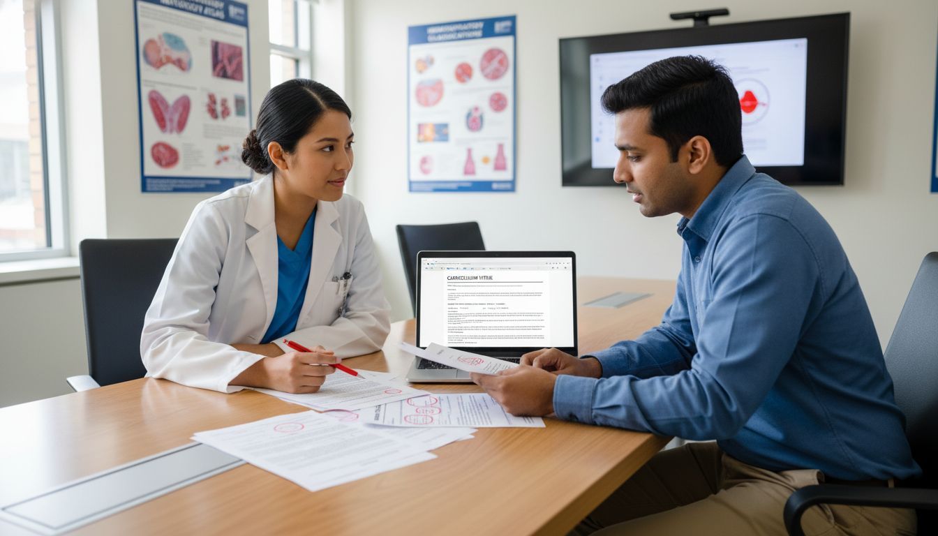 Pathology resident and mentor reviewing a CV together Pathology resident and mentor reviewing a CV together - non-US citizen IMG for CV Building for Non-US Citizen IMG in Patholog