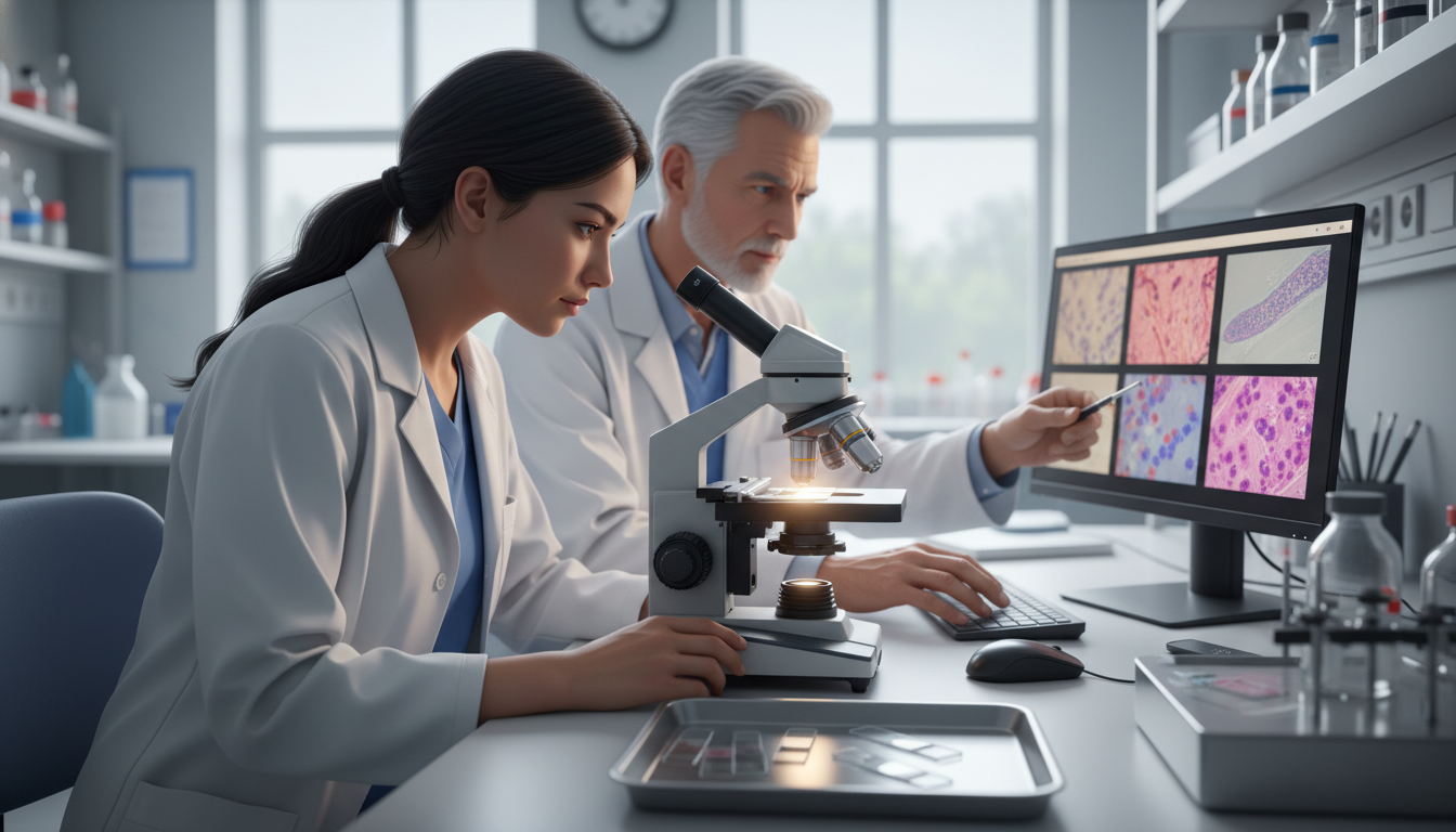 Pathology laboratory environment with resident and microscope Pathology laboratory environment with resident and microscope - non-US citizen IMG for CV Building for Non-US Citizen IMG in