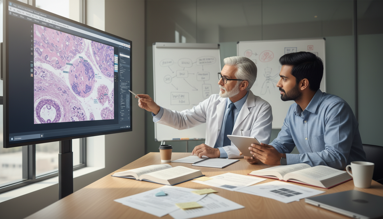 Pathology fellow discussing cases with mentor - non-US citizen IMG for Fellowship Preparation for Non-US Citizen IMG in Patho