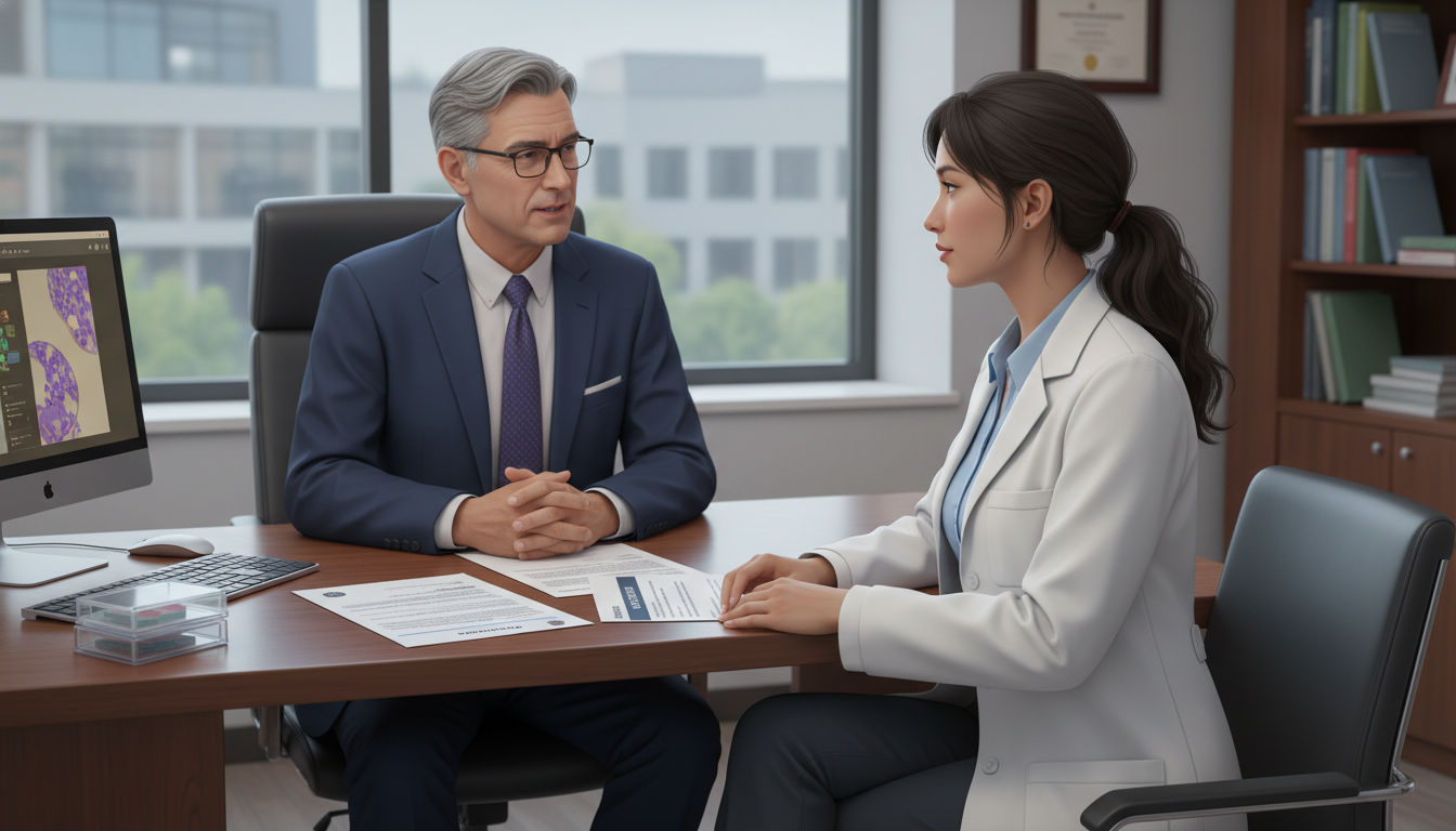 Pathology Program Director and International Resident Discussing H-1B Options Pathology Program Director and International Resident Discussing H-1B Options - non-US citizen IMG for H-1B Sponsorship Progr