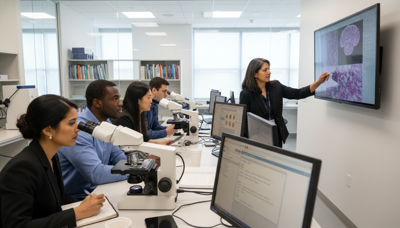 Pathology resident reviewing histology slides at multiheaded microscope - non-US citizen IMG for Common Interview Questions f