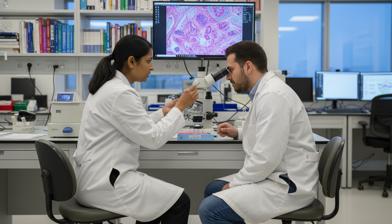 Pathology resident and attending reviewing slides at a multiheaded microscope - non-US citizen IMG for Letters of Recommendat