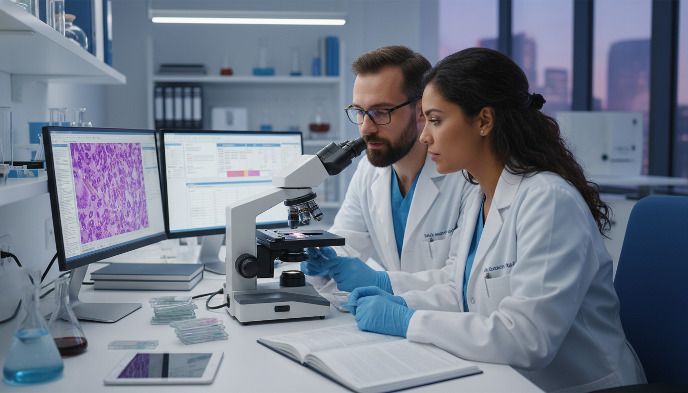 International pathology resident discussing glass slides with attending pathologist - non-US citizen IMG for Low Step Score S