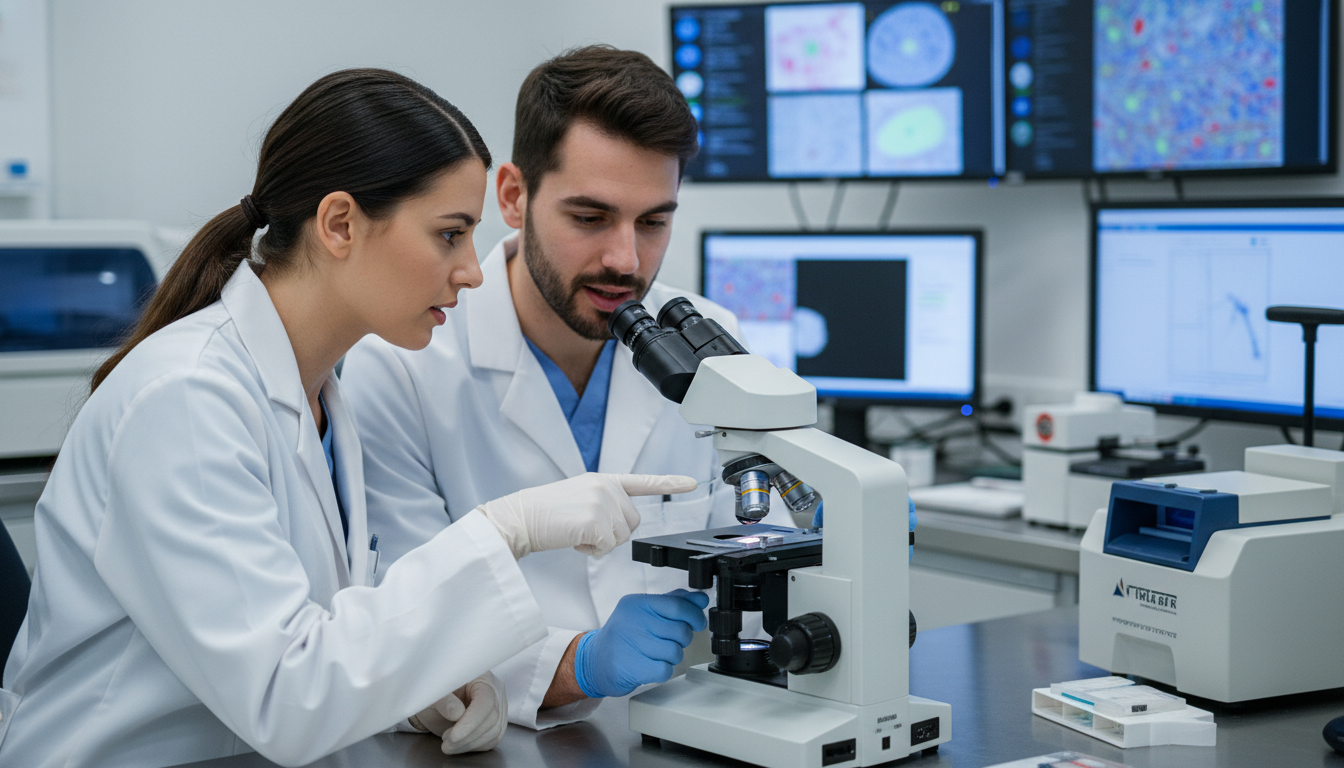 Pathology resident and international medical graduate discussing cases at a microscope - non-US citizen IMG for Networking in