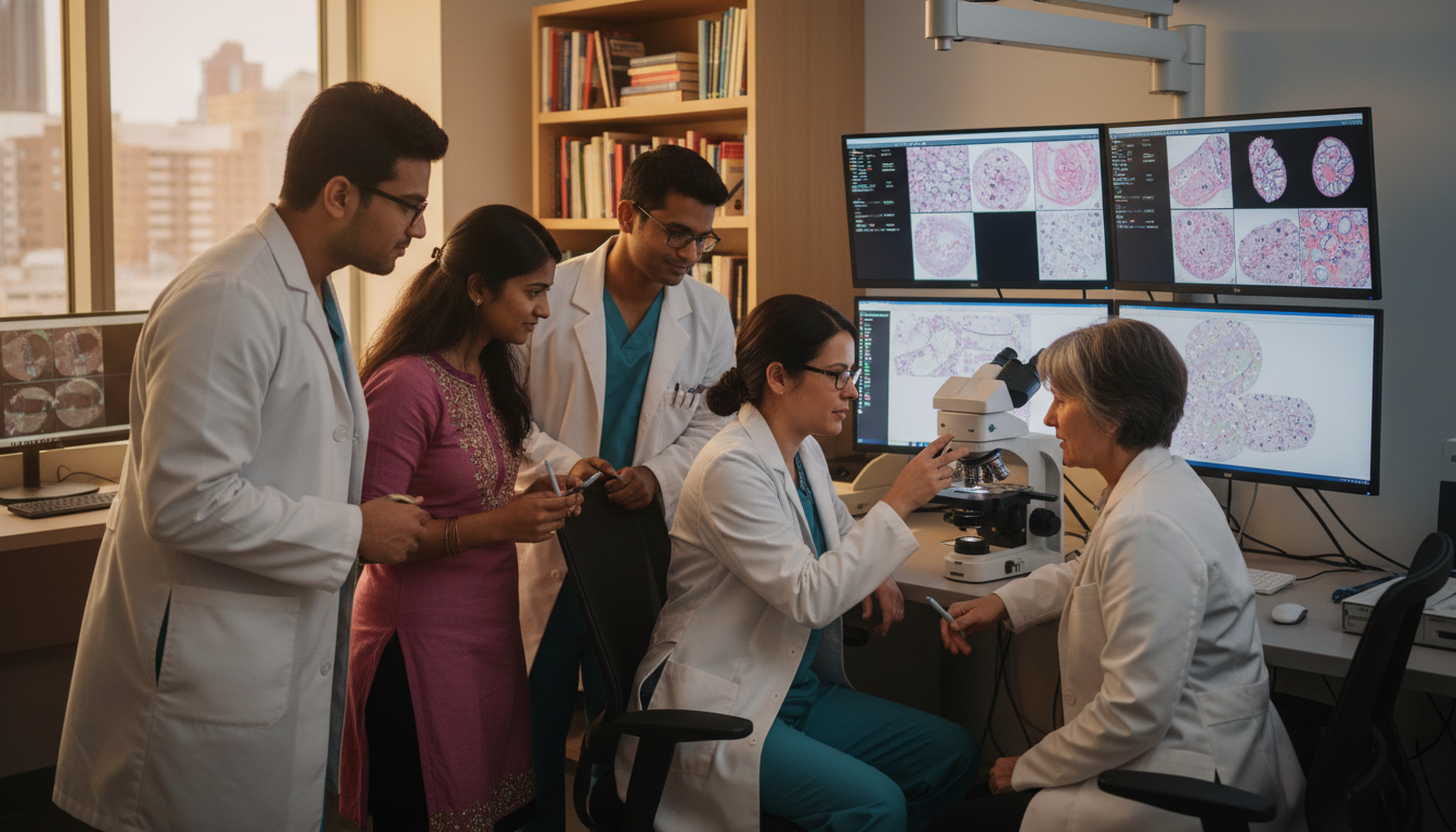 Pathology residents and program director discussing training and fellowship opportunities - non-US citizen IMG for Questions