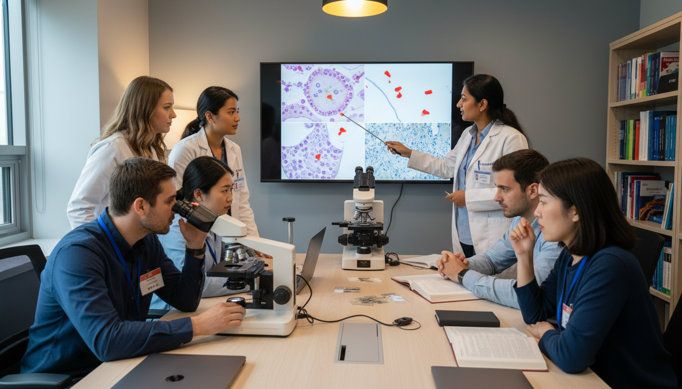 Pathology residents in a teaching conference Pathology residents in a teaching conference - non-US citizen IMG for Resident Turnover Warning Signs for Non-US Citizen IMG