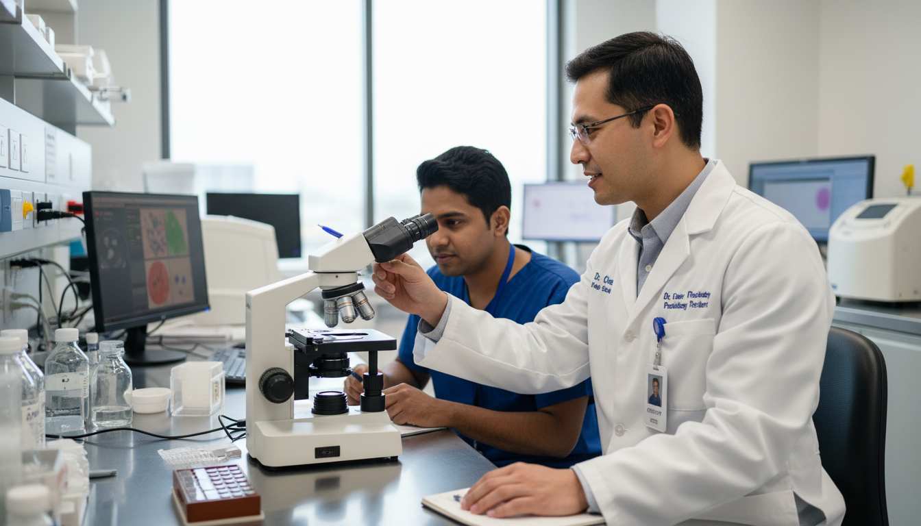 Pathology resident and IMG mentor reviewing slides together Pathology resident and IMG mentor reviewing slides together - non-US citizen IMG for Step Score Strategy for Non-US Citizen I