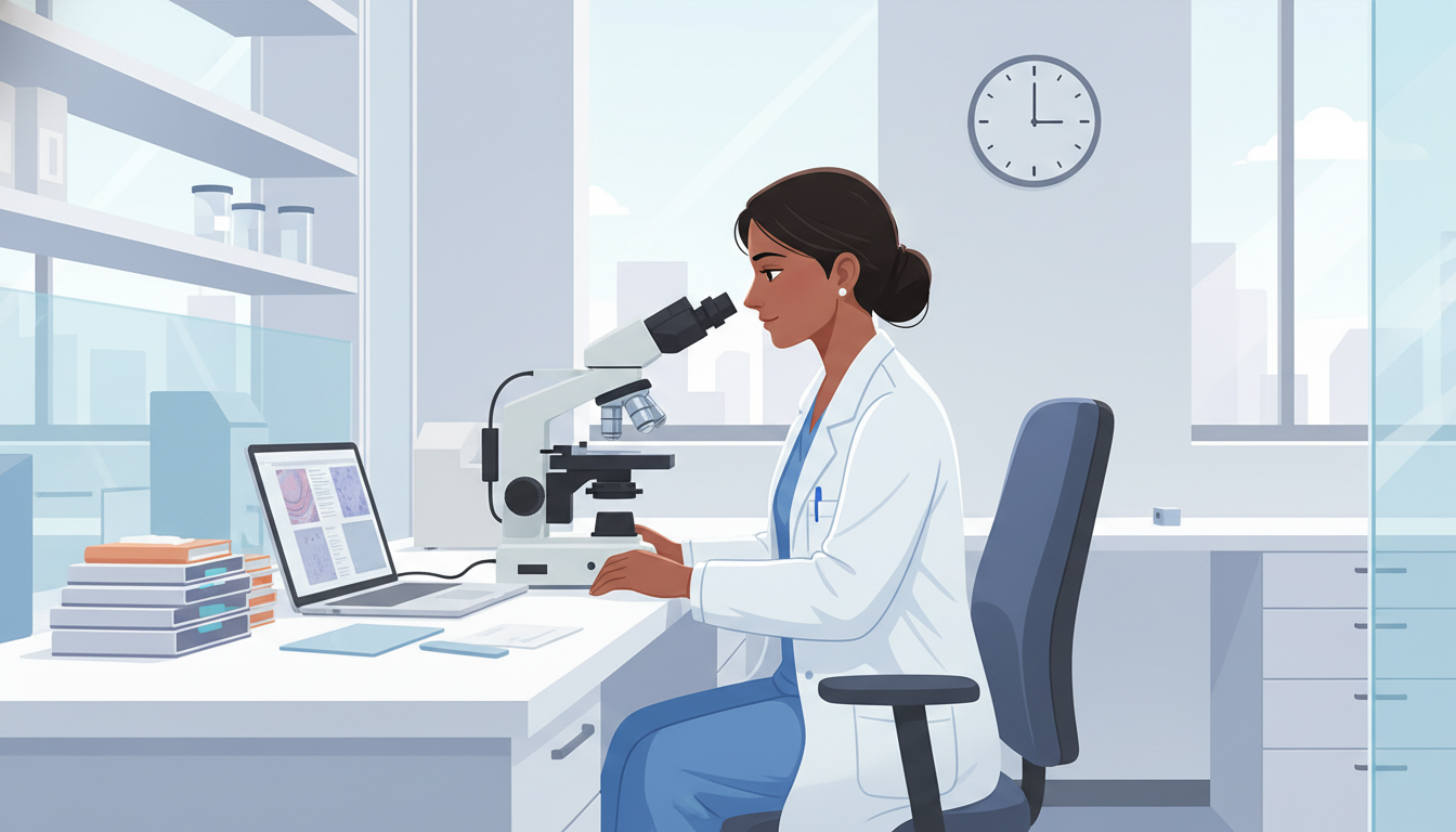 Pathology resident working at a microscope with a calm schedule Pathology resident working at a microscope with a calm schedule - non-US citizen IMG for Work-Life Balance Assessment for Non