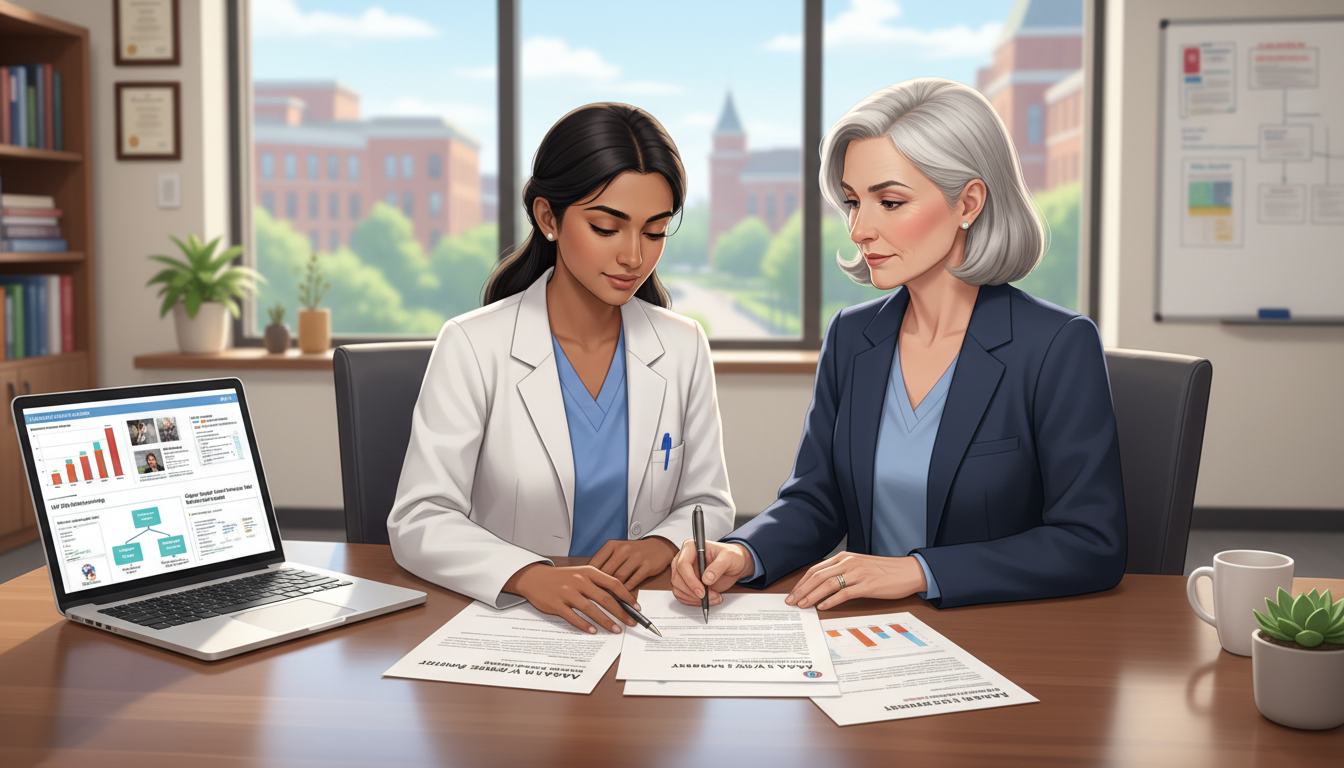 Non-US citizen IMG pediatrician discussing visa and career options with a mentor Non-US citizen IMG pediatrician discussing visa and career options with a mentor - non-US citizen IMG for Academic vs Private