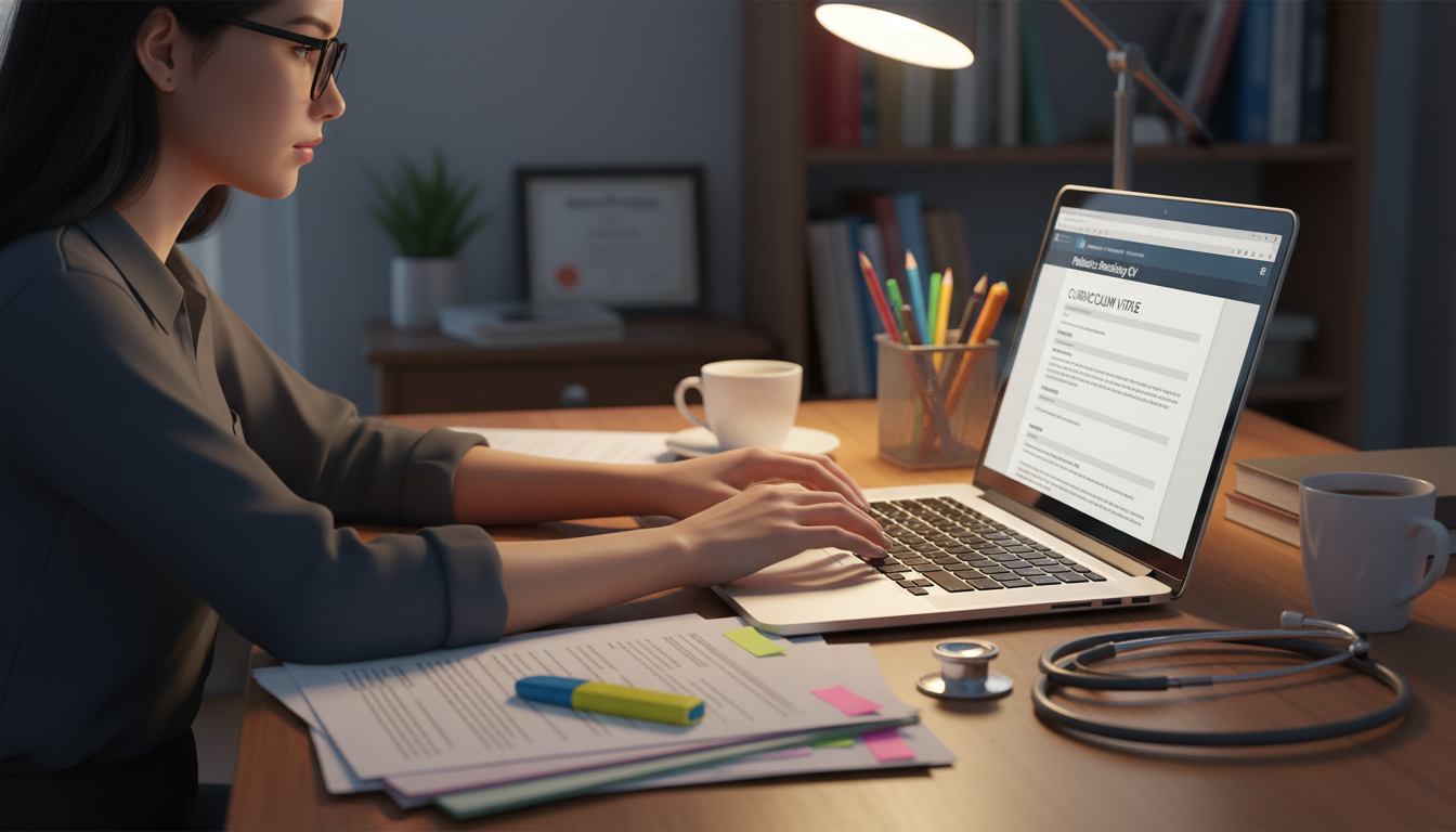 Residency applicant refining pediatrics CV on laptop Residency applicant refining pediatrics CV on laptop - non-US citizen IMG for CV Building for Non-US Citizen IMG in Pediatric