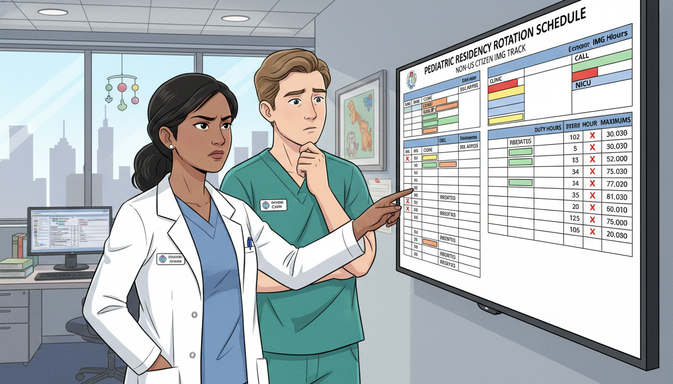 Pediatric residents looking over duty hours and schedules Pediatric residents looking over duty hours and schedules - non-US citizen IMG for Identifying Malignant Programs for Non-US