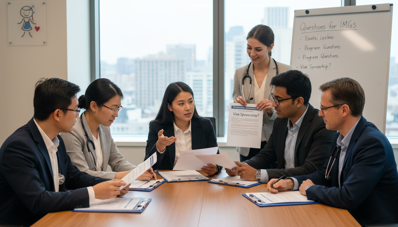 Pediatrics residents discussing residency program details - non-US citizen IMG for Questions to Ask Programs for Non-US Citiz