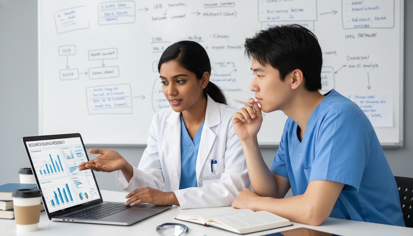 Pediatric residents collaborating on data analysis Pediatric residents collaborating on data analysis - non-US citizen IMG for Research During Residency for Non-US Citizen IMG