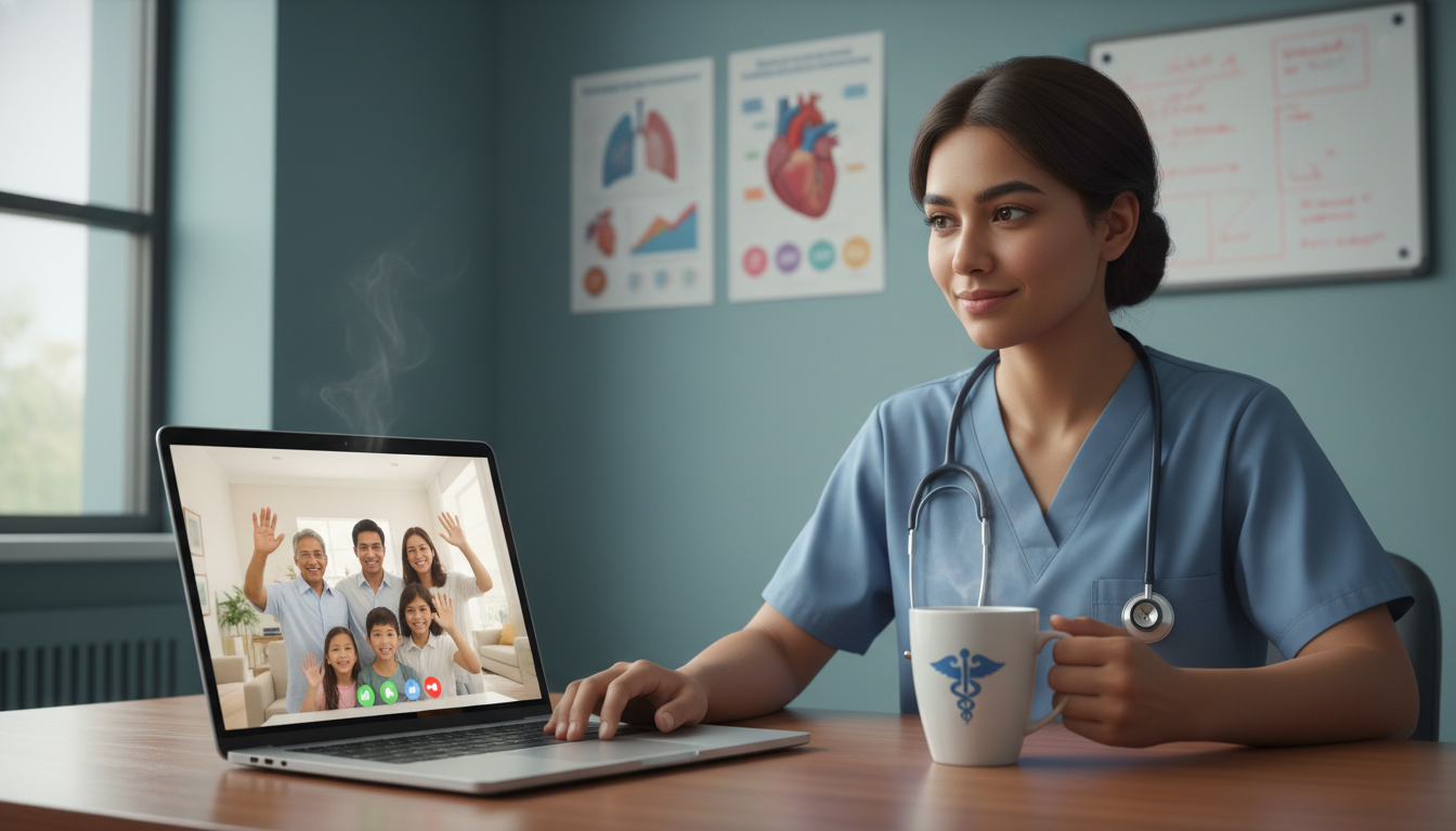 Non-US Citizen IMG Pediatric Resident Video Calling Family Abroad Non-US Citizen IMG Pediatric Resident Video Calling Family Abroad - non-US citizen IMG for Work-Life Balance Assessment for N