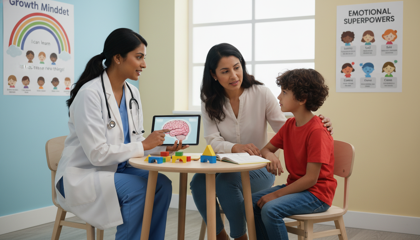 Resident physician speaking with a child and parent about mental health in pediatrics clinic - non-US citizen IMG for Low Ste